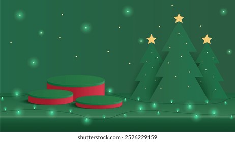 Pódio de Natal. Pódio vermelho para apresentação de exposição de produtos com árvore de Natal. Plataforma de pódio para mostrar o produto em fundo verde. Fundo Feliz Natal