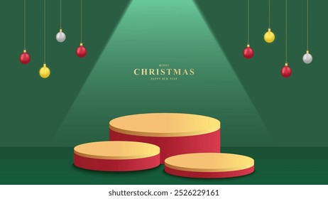 Podium Christmas. Red Podium for product display presentation with christmas ball. Podium platform to show product on green background. Merry Christmas background