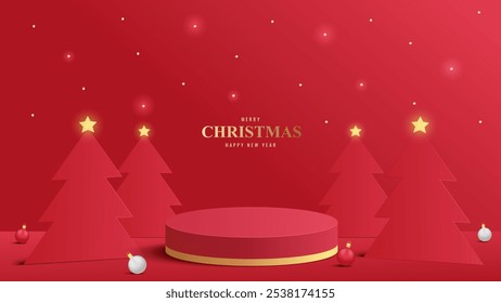 Podio Navidades. Podio rojo para la presentación de la exhibición del producto con el árbol de navidad. Plataforma de podio para mostrar el producto sobre fondo rojo. Descargar el fondo de pantalla Merry Navidades