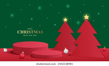 Podium Christmas. Red Podium for product display presentation with christmas tree. Podium platform to show product on red background. Merry Christmas background