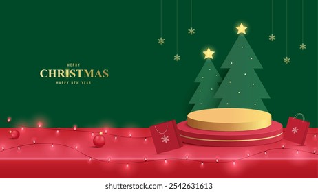 Podium Weihnachten. Rotes Podium für Produktpräsentation mit Weihnachtsbaum. Podiumsplattform, um das Produkt auf rotem Hintergrund zu zeigen. Frohe Weihnachten Hintergrund