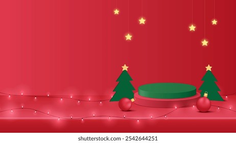 Podium Christmas. Red Podium for product display presentation with christmas tree. Podium platform to show product on red background. Merry Christmas background