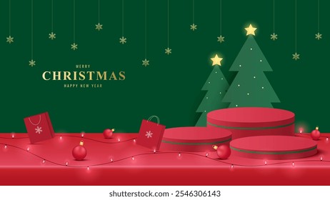 Podio Navidades. Podio rojo para la presentación de la exhibición del producto con el árbol de navidad. Plataforma de podio para mostrar el producto sobre fondo rojo. Descargar el fondo de pantalla Merry Navidades