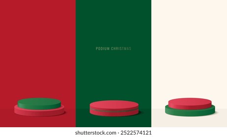 Podium Christmas. Set of Podium platform to show product on red, green, white background. Podium for product display presentation. Merry christmas background
