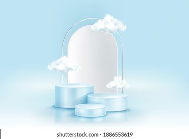 Podium with clouds, abstract background with geometric figures, empty cylindrical stage for award ceremony, product presentation platform, pedestal on blue sky backdrop, Realistic 3d vector concept