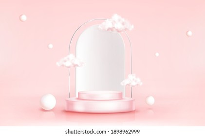 Podium with clouds, abstract background with geometric spheres, empty cylindrical stage for award ceremony or product presentation platform, pedestal on pink backdrop, Realistic 3d vector concept