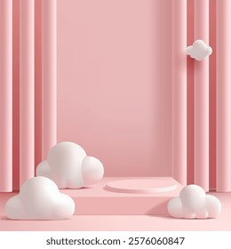 Podium, clouds, columns, snits, 3D. Pink modern interior, scene for advertising and promotion of products, promotional offers, and discounts. Vector