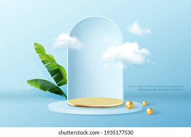 Podium with clouds and empty golden stage for award ceremony or product presentation.