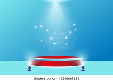 Podium with clouds and gold arch, abstract background with an empty cylindrical stage for the award ceremony