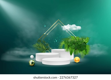 Podium with clouds and gold arch, abstract background with an empty cylindrical stage for the award ceremony