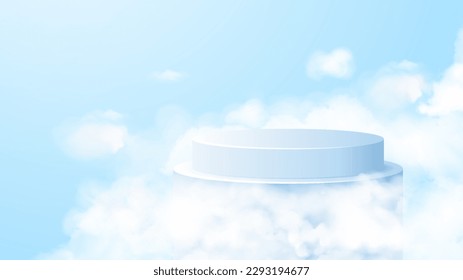 Podium in clouds. Pedestal, showcase and stage for advertising cosmetic products. internet marketing and promotion. Smoke, fog, steam background. Realistic 3D vector illustration