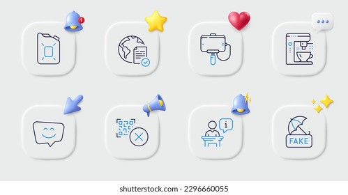 Podium, Coffee maker and Canister oil line icons. Buttons with 3d bell, chat speech, cursor. Pack of Fake news, Smile face, Online voting icon. Qr code, Selfie stick pictogram. Vector