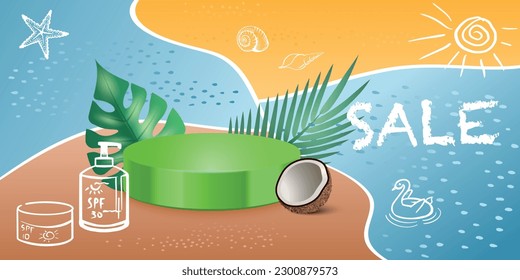 Podium composition with collage of realistic pedestal tropical leaves and coconut with outline cosmetic product icons vector illustration