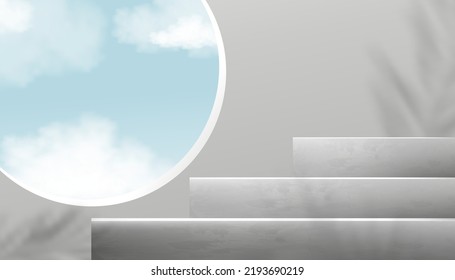 Podium Concrete Cement With Clouds, Grey Background Pattern, Vector Texture Design, 3D Sky Scene For Summer Banner, Illustration For Spring And Winter Product Display, Minimal Mockup With Copy Space
