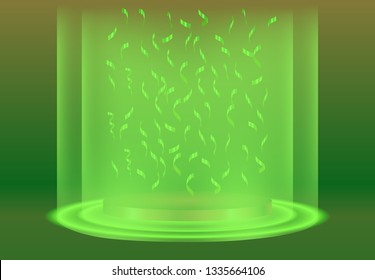 Podium with confetti on bright background. emplty pedestal for awarnd , gold, red, green and light studio. ceremony champion platform illustration templat