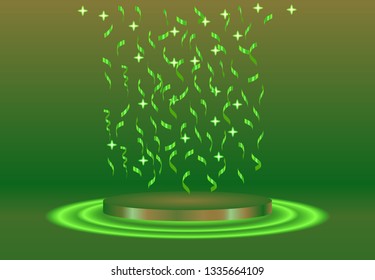 Podium with confetti on bright background. emplty pedestal for awarnd , gold, red, green and light studio. ceremony champion platform illustration templat