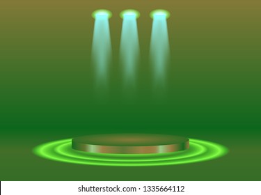 Podium with confetti on bright background. emplty pedestal for awarnd , gold, red, green and light studio. ceremony champion platform illustration templat