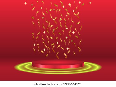 Podium with confetti on bright background. emplty pedestal for awarnd , gold, red, green and light studio. ceremony champion platform illustration templat