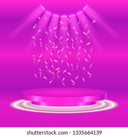 Podium with confetti on bright background. emplty pedestal for awarnd , gold, red, green and light studio. ceremony champion platform illustration templat