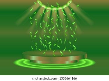 Podium with confetti on bright background. emplty pedestal for awarnd , gold, red, green and light studio. ceremony champion platform illustration templat