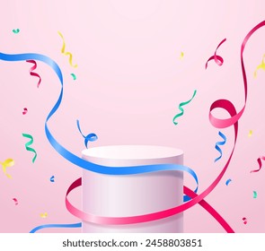 A podium with confetti ribbons for the presentation of your product on a light pink background. Vector illustration.