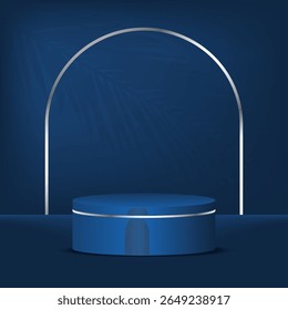 Podio para cosméticos. Podio publicitario para el producto. Podio con rayos de luz. Podio azul. Ilustración vectorial.