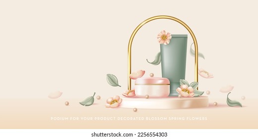 Podium with cosmetics, decorated blossom spring flowers in pastel colors. 3d Realistic Vector illustration