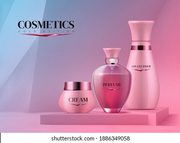 Podium With Cosmetics. Realistic 3D Pedestal And Beauty Product For Branding. Collection Of Bottles With Perfume And Moisturizing Cream Or Cleanser Gel On Square Platform. Vector Advertising Banner