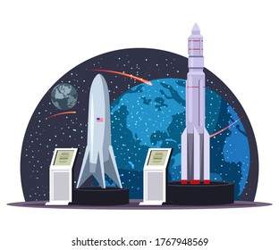 Podium with cosmic rocket and shuttle spacecraft. Science exhibition in astronomy museum design interior. Modern interactive information stand. Vector illustration of study of galaxy, solar system