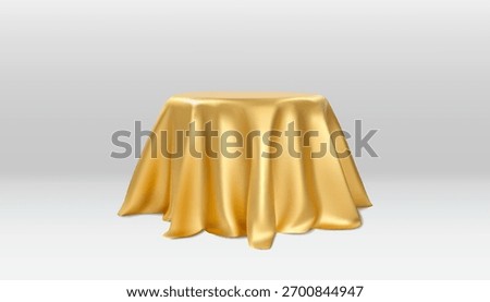 Podium covered with gold cloth. Vector realistic illustration of box hidden behind golden silk fabric