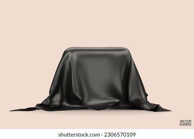 Podium covered with a piece of black silk isolated on beige background. Realistic box covered with dark cloth. Podium for product, cosmetic presentation. Creative mock up. 3d vector illustration.