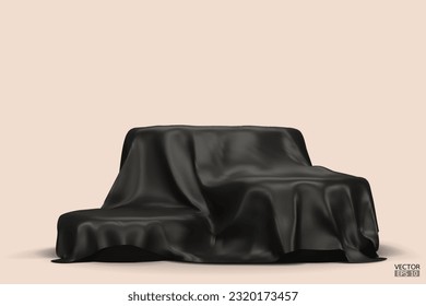 Podium covered with a piece of black silk isolated on beige background. Realistic box covered with dark cloth. Podium for product, cosmetic presentation. Creative mock up. 3d vector illustration.