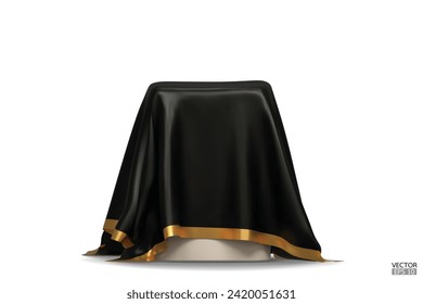 The podium is covered with a piece of black silk with gold stripes. Realistic box covered with black cloth. Podium for product, cosmetic presentation. Creative mock up. 3d vector illustration.