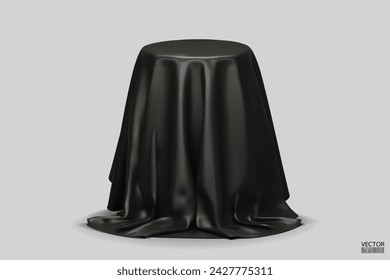 Podium covered with a piece of black silk isolated on beige background. Realistic box covered with dark cloth. Podium for product, cosmetic presentation. Creative mock up. 3d vector illustration.