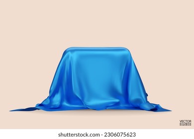 Podium covered with a piece of blue silk isolated on beige background. Realistic box covered with blue cloth. Podium for product, cosmetic presentation. Creative mock up. 3d vector illustration.