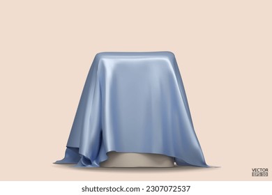 Podium covered with a piece of blue silk isolated on beige background. Realistic box covered with blue cloth. Podium for product, cosmetic presentation. Creative mock up. 3d vector illustration.