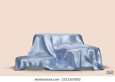 Podium covered with a piece of blue silk isolated on beige background. Realistic box covered with blue cloth. Podium for product, cosmetic presentation. Creative mock up. 3d vector illustration.