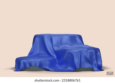 Podium covered with a piece of blue silk isolated on beige background. Realistic box covered with blue cloth. Podium for product, cosmetic presentation. Creative mock up. 3d vector illustration.