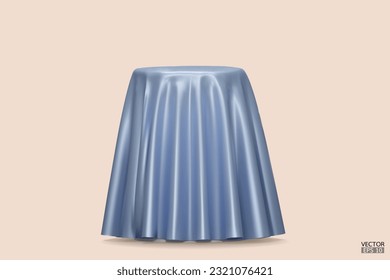 Podium covered with a piece of blue silk isolated on beige background. Realistic box covered with blue cloth. Podium for product, cosmetic presentation. Creative mock up. 3d vector illustration.