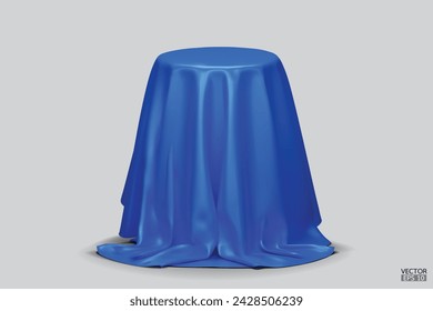 Podium covered with a piece of Blue silk isolated on background. Realistic box covered with Blue cloth. Podium for product, cosmetic presentation. Creative mock up. 3d vector illustration.