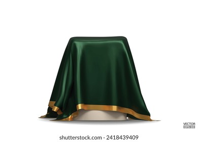 The podium is covered with a piece of dark green silk with gold stripes. Realistic box covered with green cloth. Podium for product, cosmetic presentation. Creative mock up. 3d vector illustration.