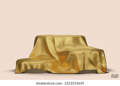 Podium covered with a piece of gold silk isolated on beige background. Realistic box covered with gold cloth. Podium for product, cosmetic presentation. Creative mock up. 3d vector illustration.