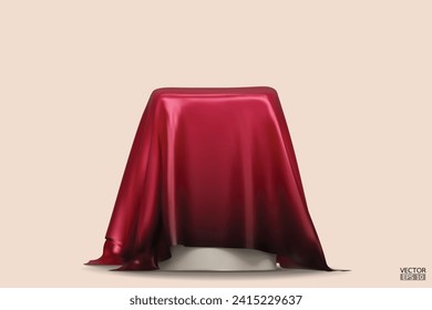 Podium covered with a piece of gradient red to black silk. Realistic box covered with red cloth. Podium for product, and cosmetic presentation. Creative mock-up. 3d vector illustration.