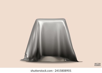 Podium covered with a piece of gradient white to black silk. Realistic box covered with white cloth. Podium for product, and cosmetic presentation. Creative mock up. 3d vector illustration.