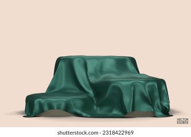 Podium covered with a piece of green silk isolated on beige background. Realistic box covered with green cloth. Podium for product, cosmetic presentation. Creative mock up. 3d vector illustration.