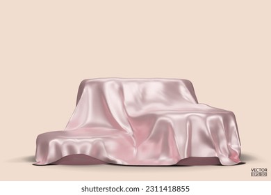 Podium covered with a piece of light pink silk isolated on beige background. Realistic box covered with pink cloth. Podium for product, cosmetic presentation. Creative mock up. 3d vector illustration.