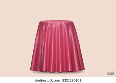 Podium covered with a piece of light pink silk isolated on beige background. Realistic box covered with pink cloth. Podium for product, cosmetic presentation. Creative mock up. 3d vector illustration.