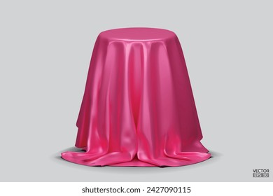 Podium covered with a piece of light pink silk isolated on background. Realistic box covered with pink cloth. Podium for product, cosmetic presentation. Creative mock up. 3d vector illustration.