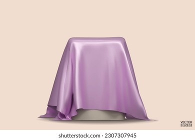 Podium covered with a piece of light purple silk isolated on background. Realistic box covered with purple cloth. Podium for product, cosmetic presentation. Creative mock up. 3d vector illustration.