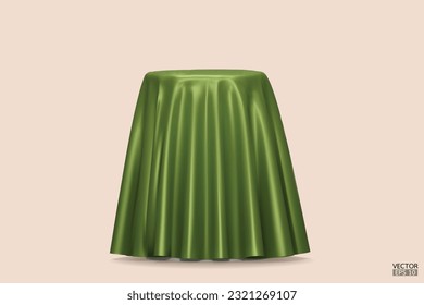 Podium covered with a piece of Olive green silk isolated on background. Realistic box covered with green cloth. Podium for product, cosmetic presentation. Creative mock up. 3d vector illustration.